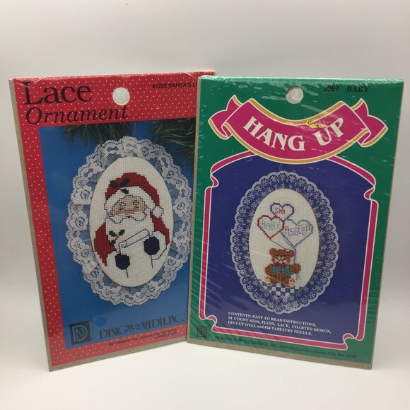 Set of 2 Counted Cross Stitch Kit Lace Ornament Santas List Shh Baby Asleep - Picture 1 of 9
